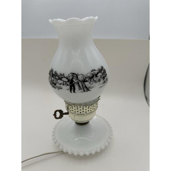 Beautiful Vintage Currier and Ives Lamp Milk Glass Hurricane Electric 11" Works - Picture 2 of 6